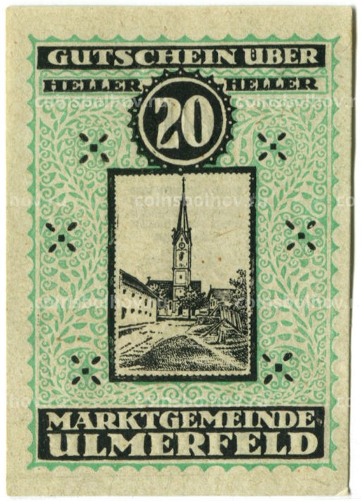 Банкнота 20 геллеров 1920 года Австрия Ульмерфельд (нотгельд)
