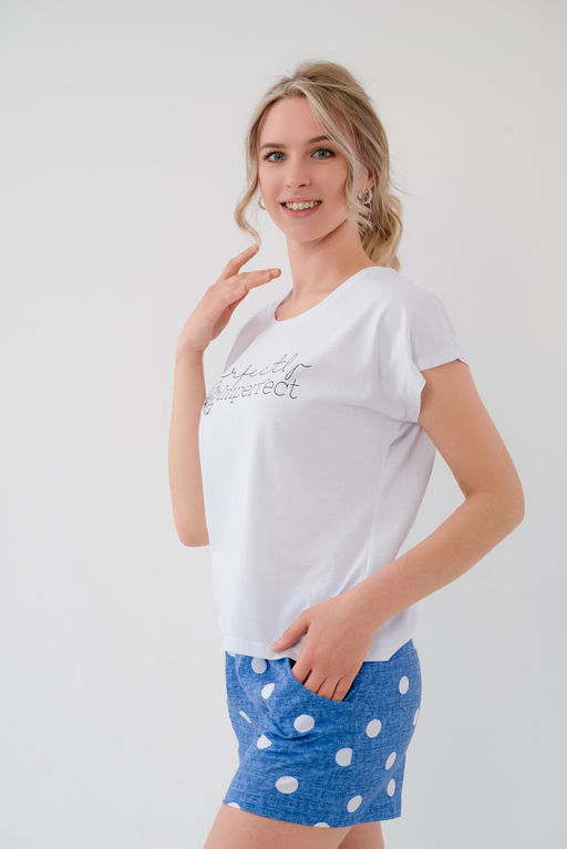 Пижама женская из футболки и шорт из кулирки Алиса горох синий - Амадэль фото 4