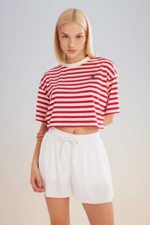 DeFactoFit Crop Bisiklet Yaka Cizgili Sporcu K?sa Kollu Tisort