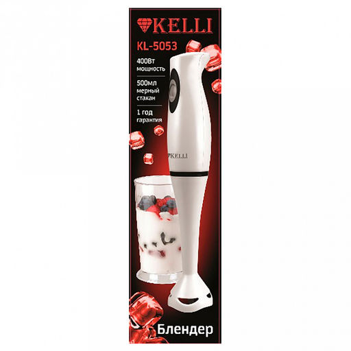 Блендер погружной ручной "Kelli", пластмассовый корпус, число скоростей: 1, ножи из нержавеющей стали, мерный стакан: 500мл, удобная эргономичная ручка, мощность: 220-240В, 50Гц 400Вт, 9,8х9,8х37см, черный (Китай)
