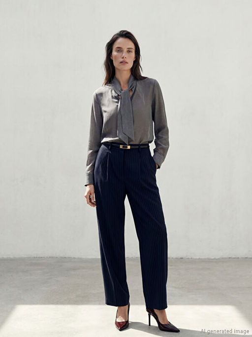 Loose Fit ?izgili Kad?n Kuma? Pantolon