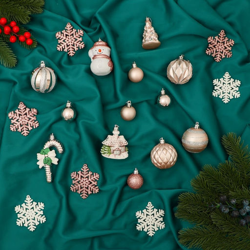 Ёлочные игрушки Праздничные, новогодние, набор 20 шт., бежевый/белый - Зимнее волшебство фото 2