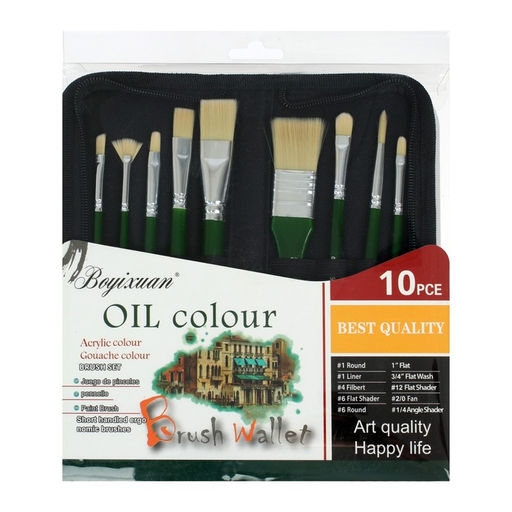 Набор кистей для рисования, щетина, 10 штук: № 2/0, 1/4, 6, 12, 3/4, 1", 8, 6, 4, круглые, плоские, в пенале на молнии, международный размер