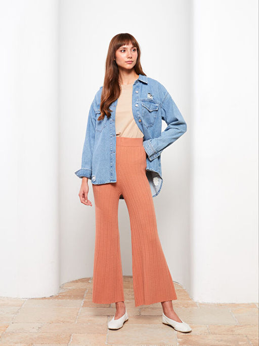 Kad?n Beli Lastikli D?z Triko Pantolon