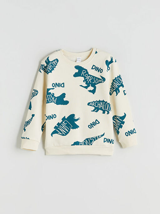 Bisiklet Yaka Dinozor Bask?l? Erkek ?ocuk Sweatshirt