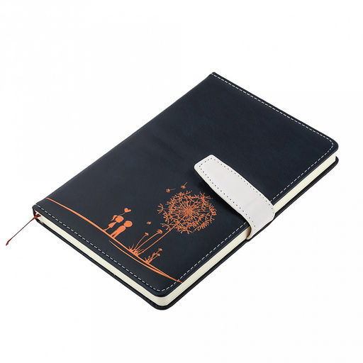 Ежедневник недатированный 14,2х21см "Одуванчик" 112 листов, в линейку, сшитый внутренний блок, с закладкой, обложка кожзам, отделочная строчка, тиснение золотом, цвет темно-синий, застежка на магните (Китай)