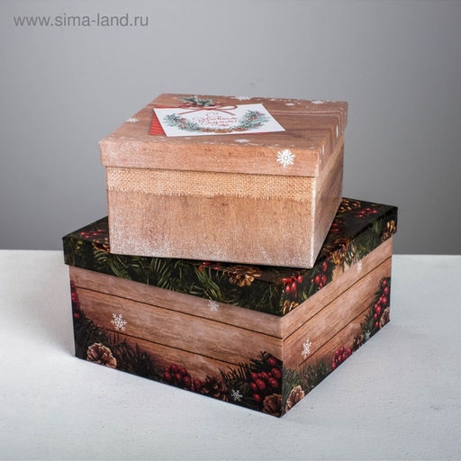 Набор подарочных новогодних коробок 6 в 1 «Деревянный», 10×10×6 - 20×20×11 см