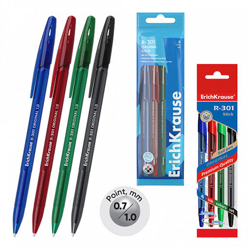 Цена за 12 шт. Набор из 4 ручек шариковых ErichKrause R-301 Stick Original 1.0, цвет чернил: синий, черный, красный, зеленый (в пакете)