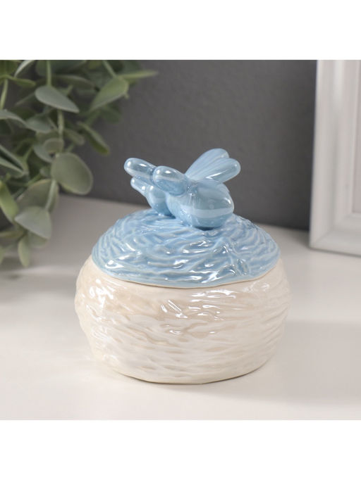 Шкатулка для украшений «Пчёлка на улье», керамика, голубой перламутр, 8.5×8.5×8 см