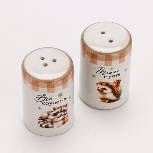 Солонка и перечница новогодние «Зимние зверята», 12×6.5×7 см, ручная работа