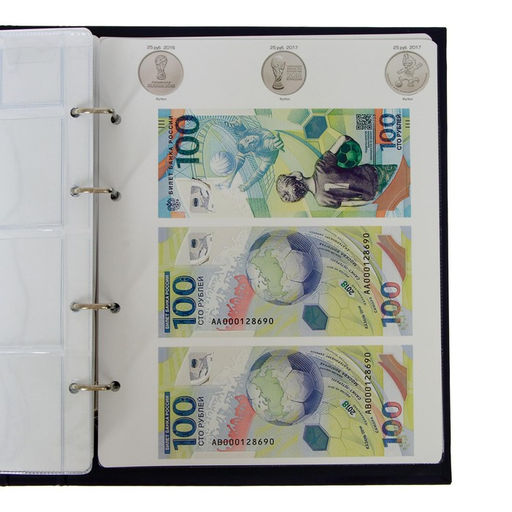 Альбом для монет на кольцах 225×265 мм, «Памятные монеты РФ», обложка ламинированный картон, 13 листов и 13 цветных картонных вставок
