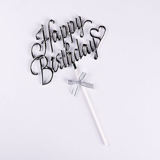 Топпер для торта Happy Birthday, серебряный