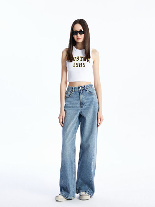 Bisiklet Yaka Bask?l? Kad?n Crop