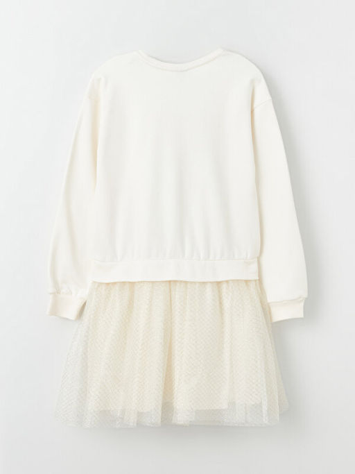 Bisiklet Yaka Bask?l? Uzun Kollu K?z ?ocuk Elbise