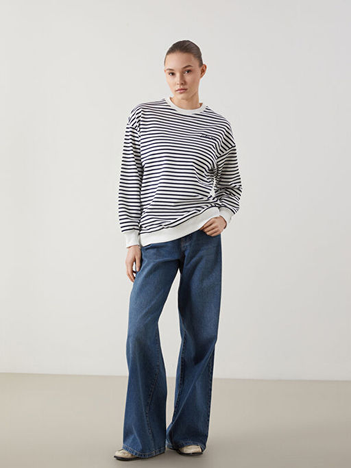 Bisiklet Yaka ?izgili Kad?n Sweatshirt Tunik