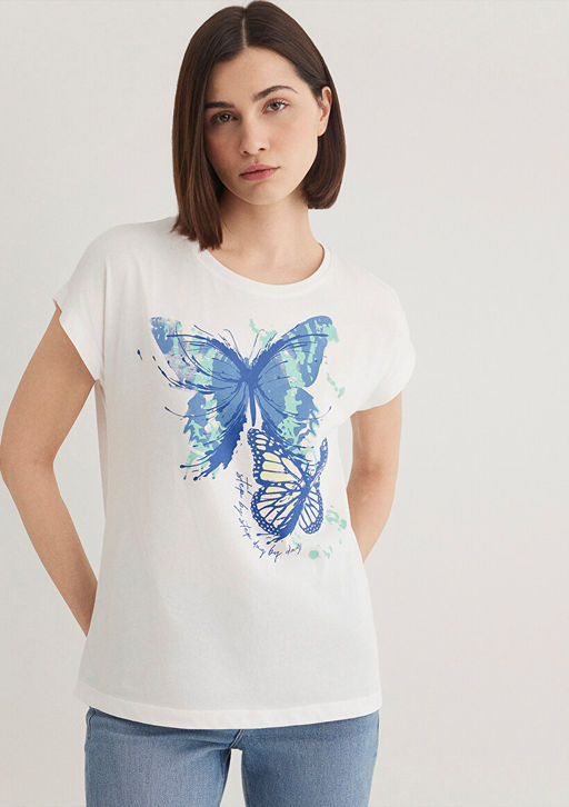 Kelebek Bask?l? Beyaz Tisort - Mavi фото 2