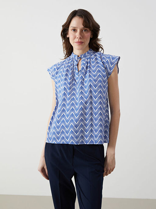 Ba?lamal? Yaka Desenli K?sa Kollu Kad?n Bluz