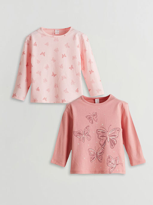 Bisiklet Yaka Bask?l? K?z ?ocuk Ti??rt 2li