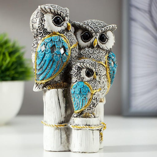 Фигурка полистоун «Семейство серых филинов с синими крыльями, на пеньках», 14.5×8.5×5.5 см
