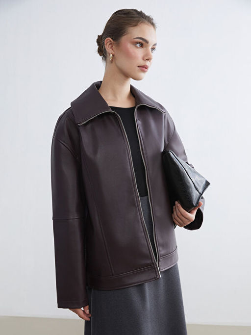 G?mlek Yaka Oversize Kad?n Deri G?r?n?ml? Ceket