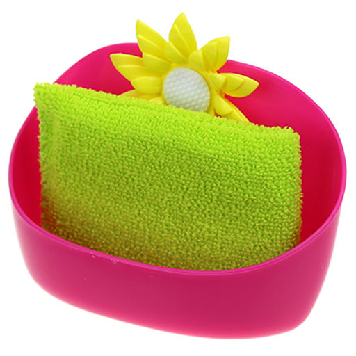 "Ромашка" Подставка для губок пластмассовая настенная на присосках, 15,5х7х11см, с губкой 12,5х9х2см, цвета в ассортименте: фуксия; оранжевый (Китай)