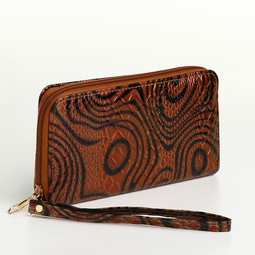 Кошелёк женский на молнии с ремешком, 19×2.5×9.5 см, с абстрактным принтом, коричневый
