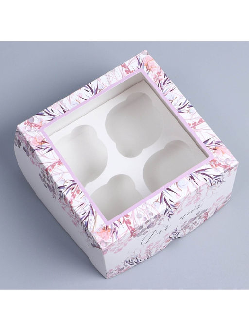 Цена за 5 шт. Коробка подарочная для 4 капкейков «Венок», 16×16×10 см, с окном