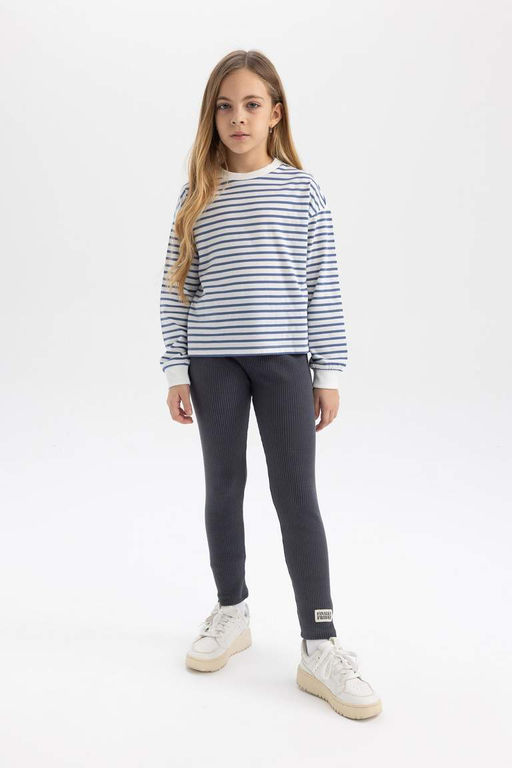 Полосатая футболка с длинными рукавами из чесаного хлопка с круглым вырезом для девочек - Defacto фото 2