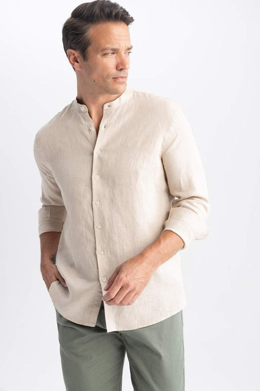 Рубашка из 100% льна с длинным рукавом и воротником современного кроя - Defacto фото 7