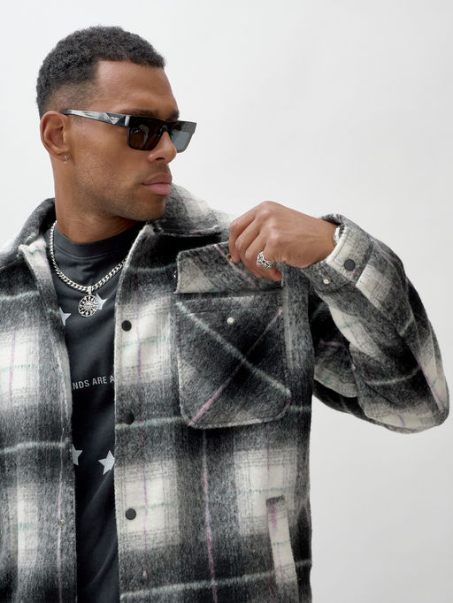 Куртка рубашка шерстяная в клетку мужская демисезонная темно-серого цвета 58592TC