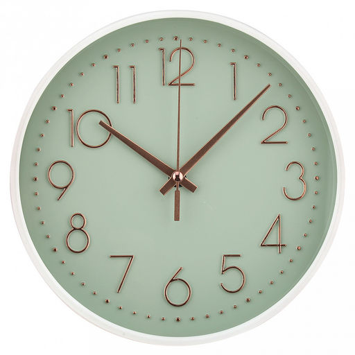Часы настенные "Меркурий" д19,4см, h4см, мягкий ход, циферблат светло-зеленый; цифры арабские, розовое золото; корпус пластик, белый глянец; в коробке (Китай)