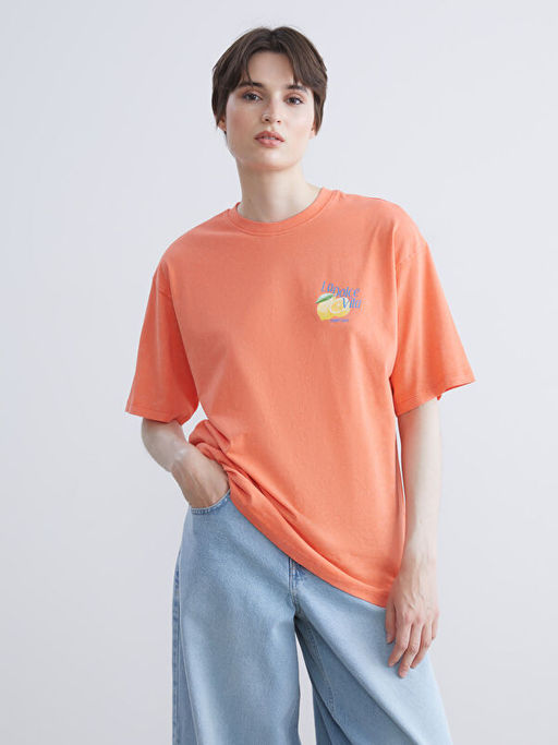 Bisiklet Yaka Bask?l? Oversize Kad?n Ti??rt
