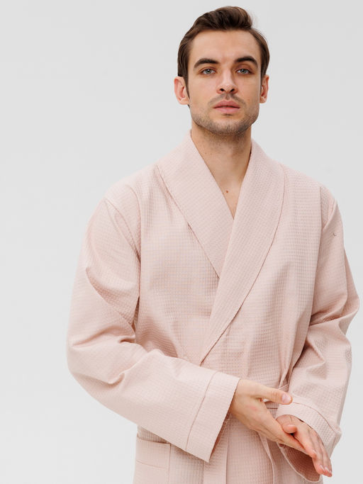 Мужской вафельный халат с шалькой бежевый В-04 (31)
