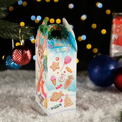 Цена за 5 шт. Подарочная новогодняя коробка "Заяц - Кот", белый, 26×14×7 см