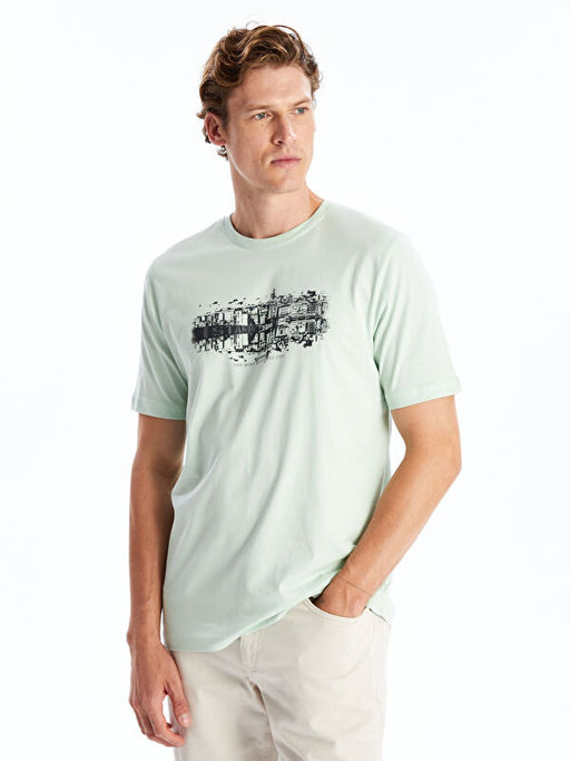 Bisiklet Yaka K?sa Kollu ?stanbul Bask?l? Penye Erkek Ti??rt