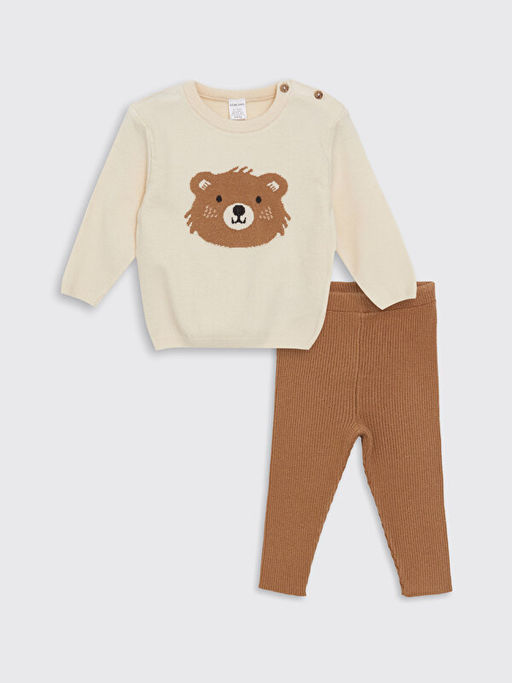 Bisiklet Yaka Uzun Kollu Bask?l? K?z Bebek Kazak ve Pantolon 2li Tak?m