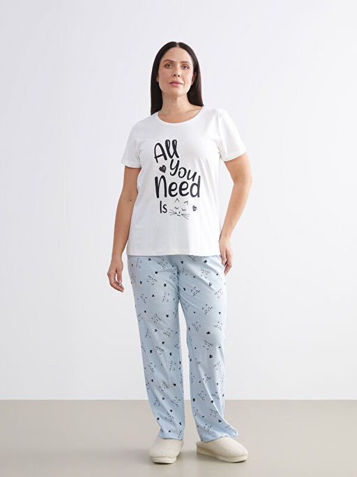 B?y?k Beden Bisiklet Yaka Bask?l? Kad?n Pijama Tak?m?