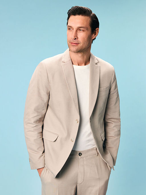 Standart Kal?p Keten Kar???ml? Erkek Blazer Ceket