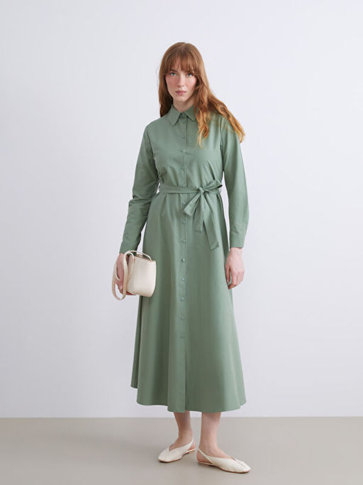 B?y?k Beden Beli Ku?akl? Poplin G?mlek Elbise