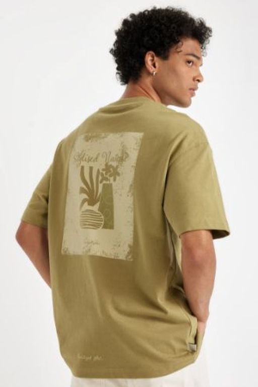 Boxy Fit Bisiklet Yaka S?rt Bask?l? Pamuklu K?sa Kollu Tisort