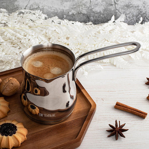 Турка из нержавеющей стали 0,7л "Софи" д9,5см, h11,2см, s0,8мм, дно д9,1см, s4мм, полировка внешняя - зеркальная, внутренняя - матовая, прутковая ручка из нержавеющей стали на сварке 11,5см, отверстие для подвешивания, "TalleR" (Китай) Подходит для в