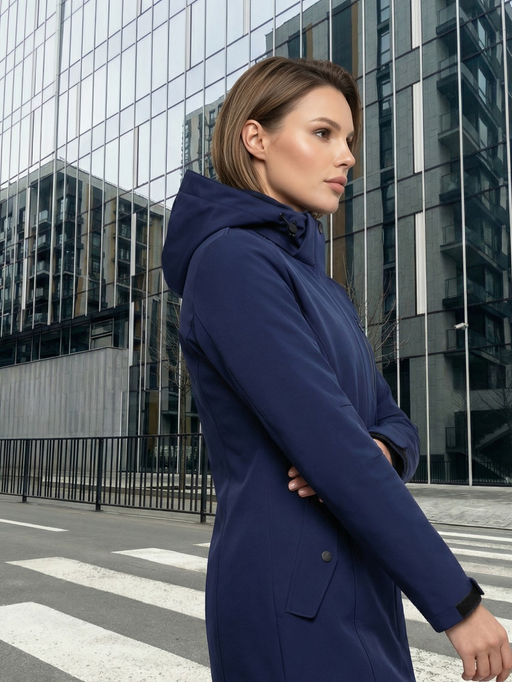 Парка женская софтшелл виндстоппер удлинённая с капюшоном темно-синего цвета 9618_1TS