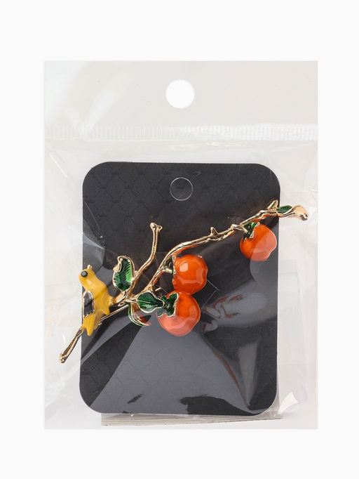 Брошь «Птица на ветке» хурма, цвет оранжевый в золоте