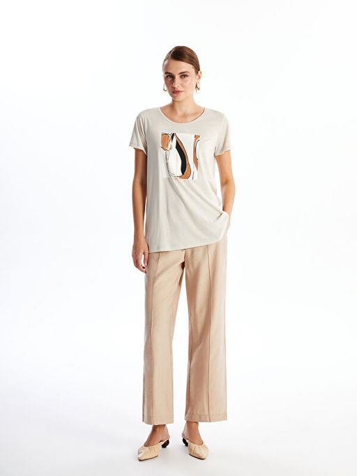 Bisiklet Yaka Bask?l? Kad?n Ti??rt