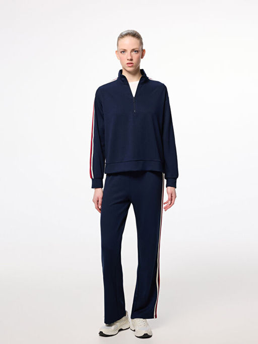 Dik Yaka ?erit Detayl? Kad?n Fermuarl? Sweatshirt