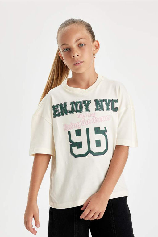 Школьная футболка Relax Fit с v-образным вырезом и принтом для девочек с короткими рукавами - Defacto фото 4