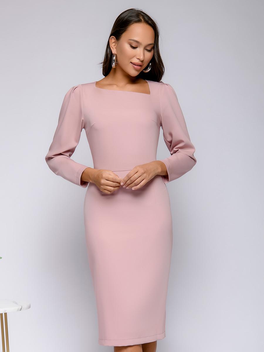 Платье розовое длины миди с асимметричным воротом и длинными рукавами - 1001dress фото 2