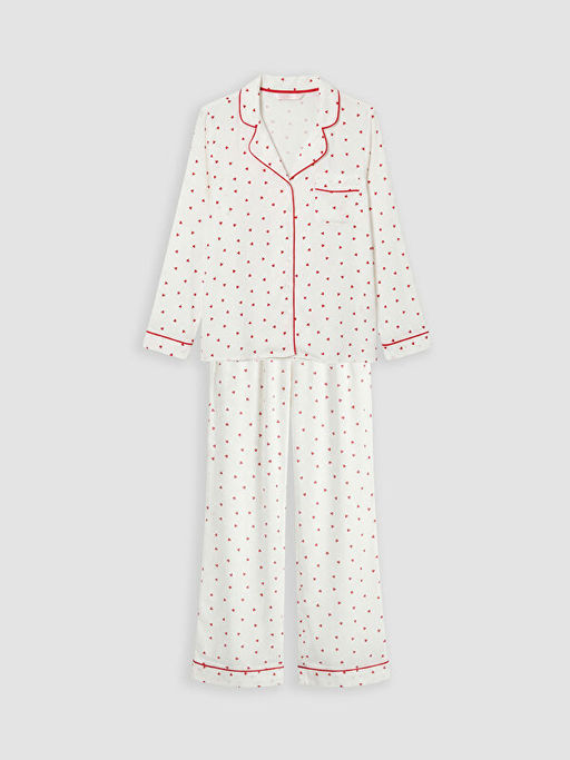 G?mlek Yaka Kalp Desenli Kad?n Pijama Tak?m
