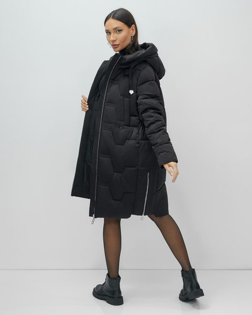 Пальто зимнее утепленное с капюшоном женское черного цвета 7638Ch - Visdeer фото 13