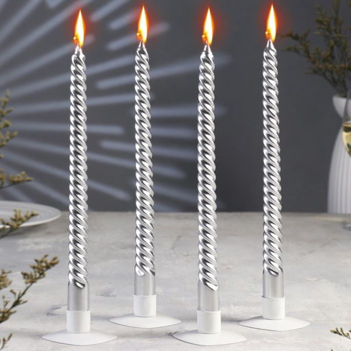 Набор свечей витых, 2.2×30 см, 4 шт., серебряный металлик